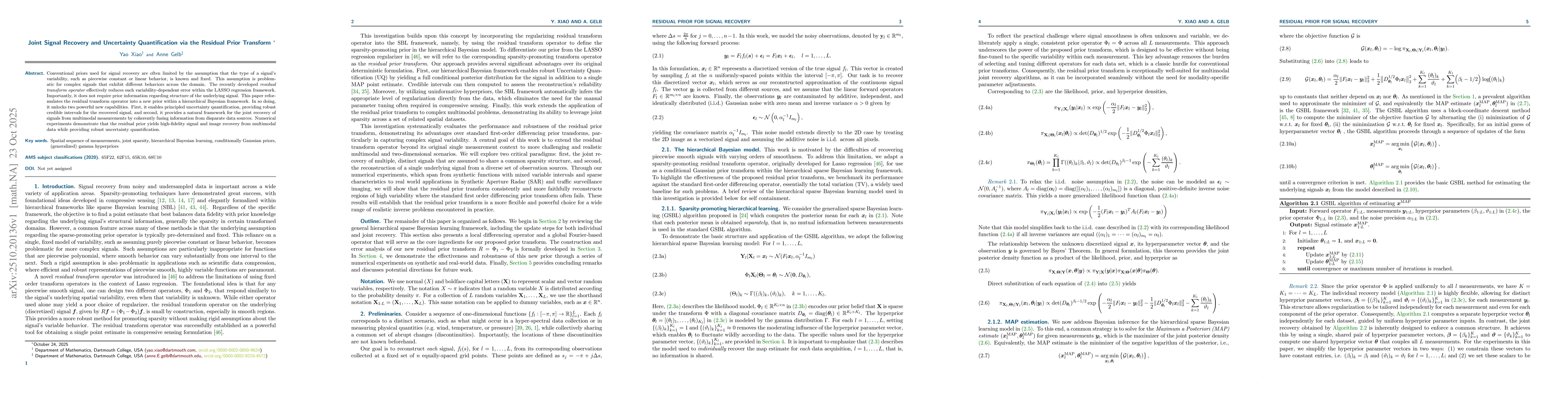 Thumbnail for Joint Signal Recovery and Uncertainty Quantification via the Residual
  Prior Transform