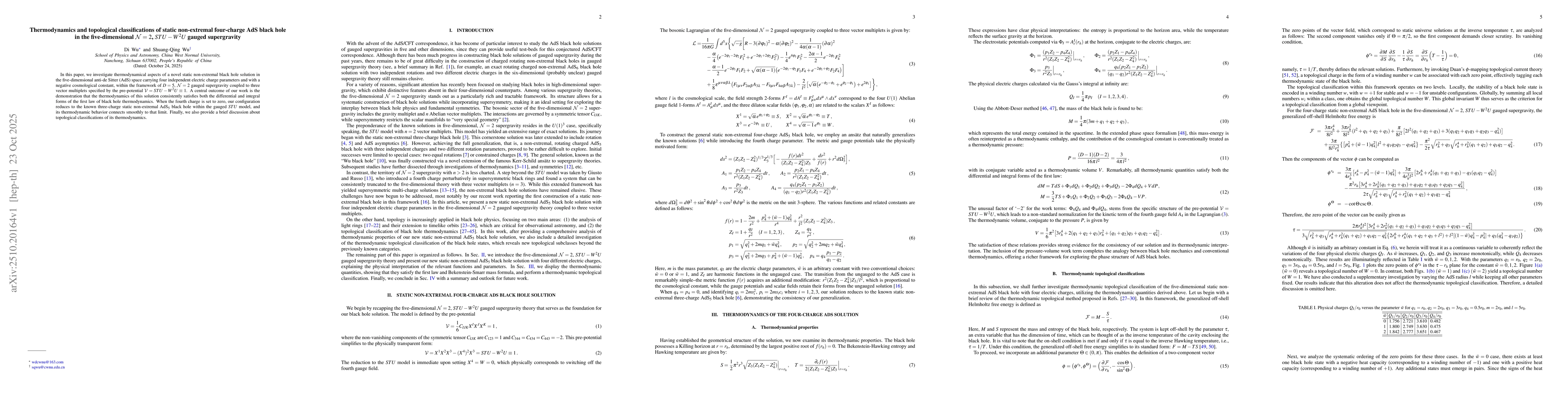 Thumbnail for Thermodynamics and topological classifications of static non-extremal
  four-charge AdS black hole in the five-dimensional $\mathcal{N} = 2$,
  $STU-W^2U$ gauged supergravity