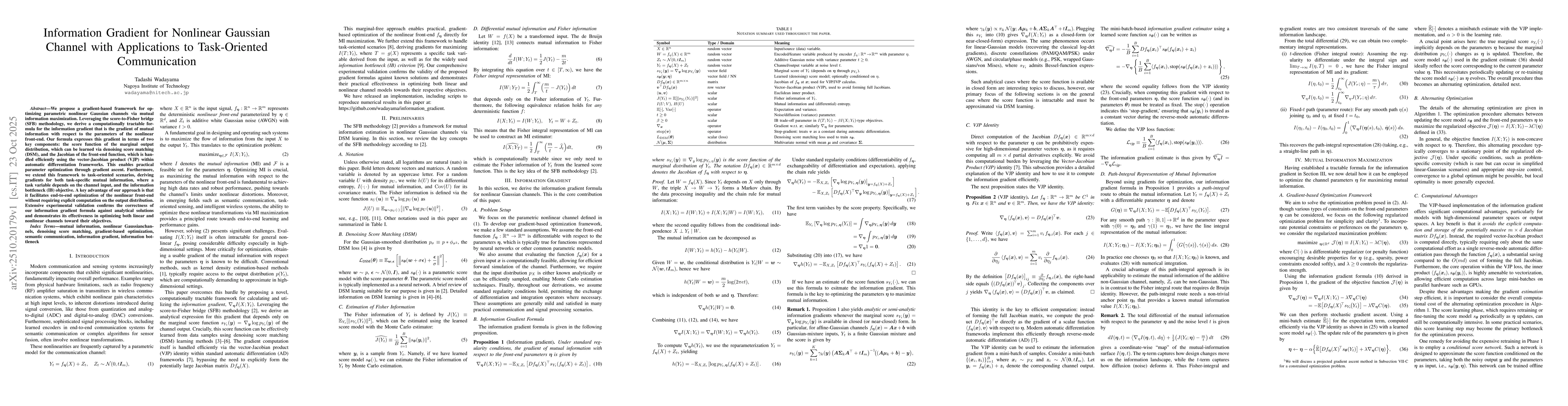 Thumbnail for Information Gradient for Nonlinear Gaussian Channel with Applications to
  Task-Oriented Communication