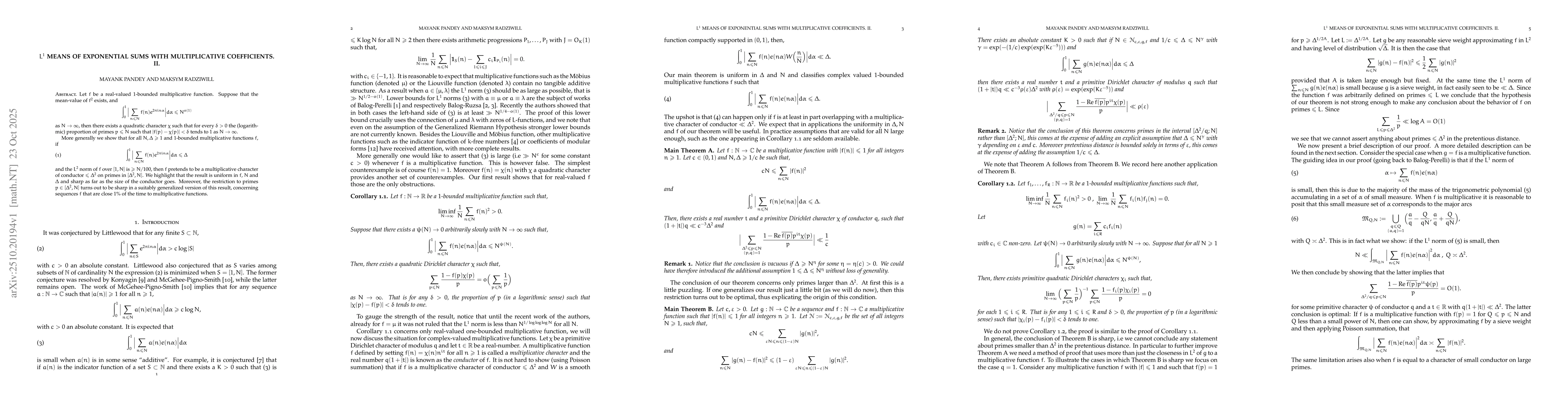 Thumbnail for $L^1$ means of exponential sums with multiplicative coefficients. II