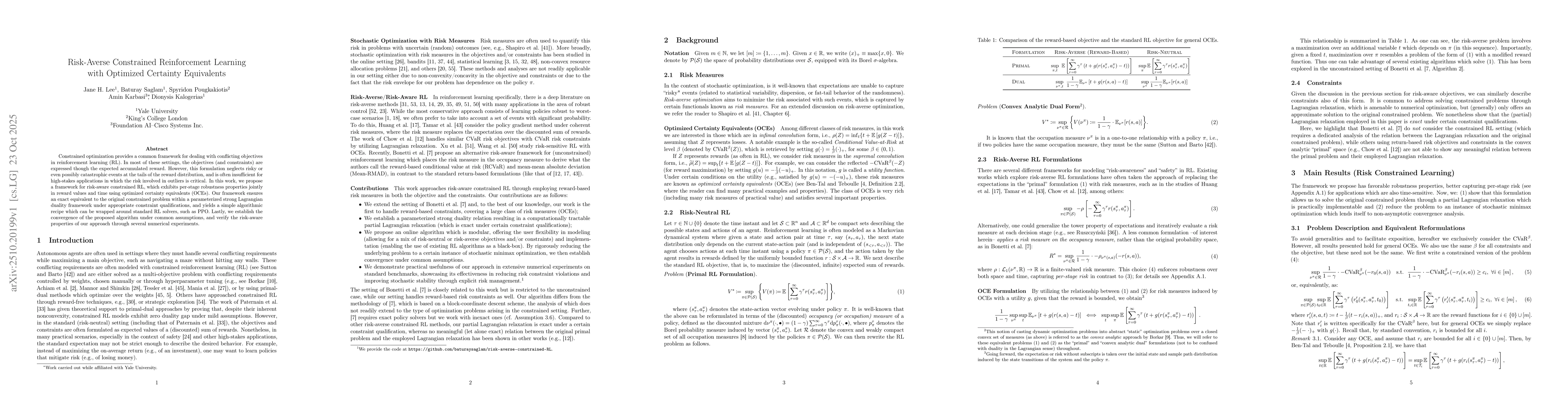 Thumbnail for Risk-Averse Constrained Reinforcement Learning with Optimized Certainty
  Equivalents