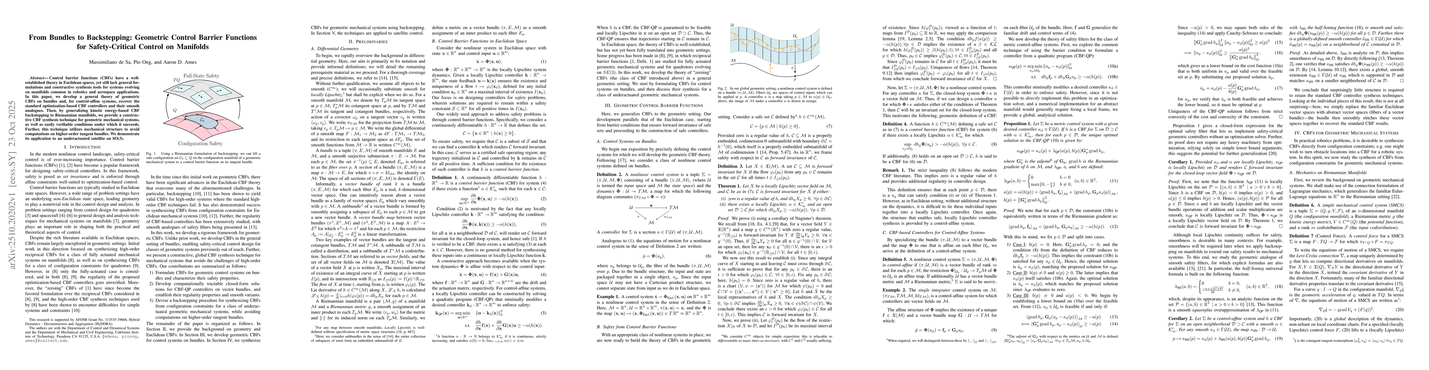 Thumbnail for From Bundles to Backstepping: Geometric Control Barrier Functions for
  Safety-Critical Control on Manifolds