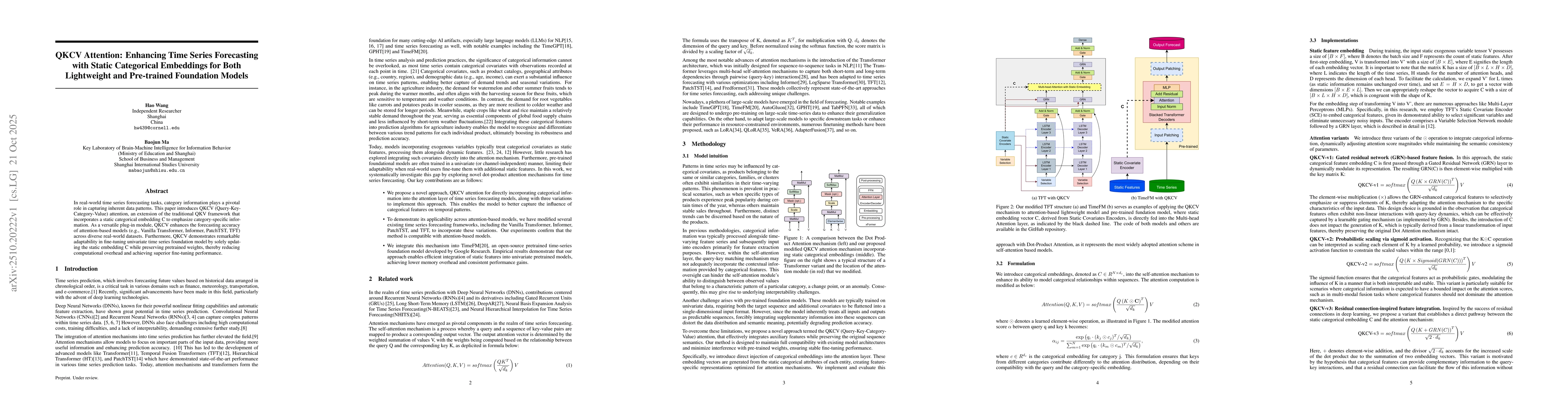 Thumbnail for QKCV Attention: Enhancing Time Series Forecasting with Static
  Categorical Embeddings for Both Lightweight and Pre-trained Foundation Models