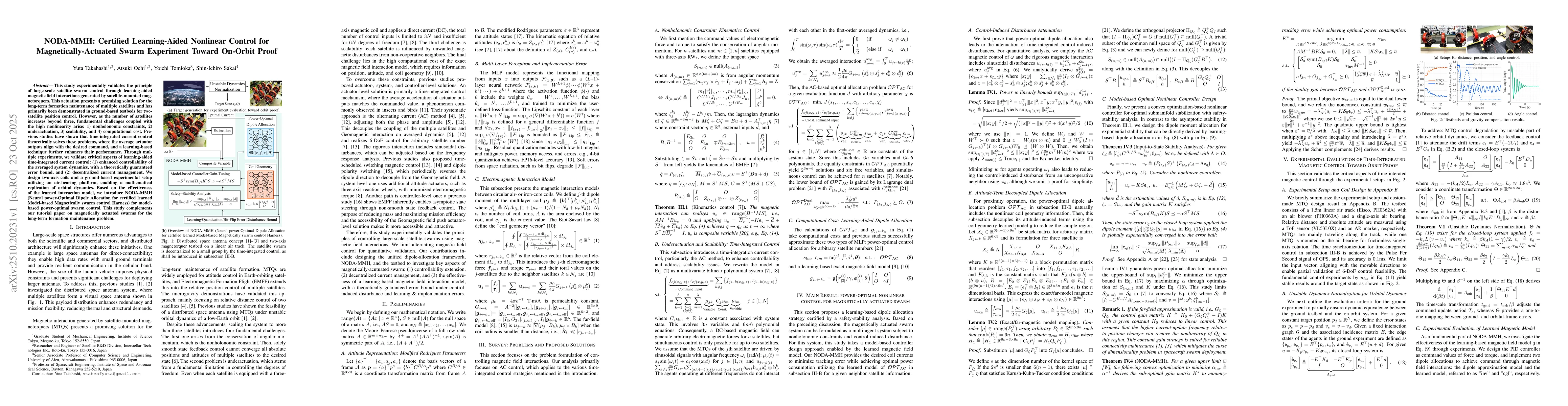 Thumbnail for NODA-MMH: Certified Learning-Aided Nonlinear Control for
  Magnetically-Actuated Swarm Experiment Toward On-Orbit Proof