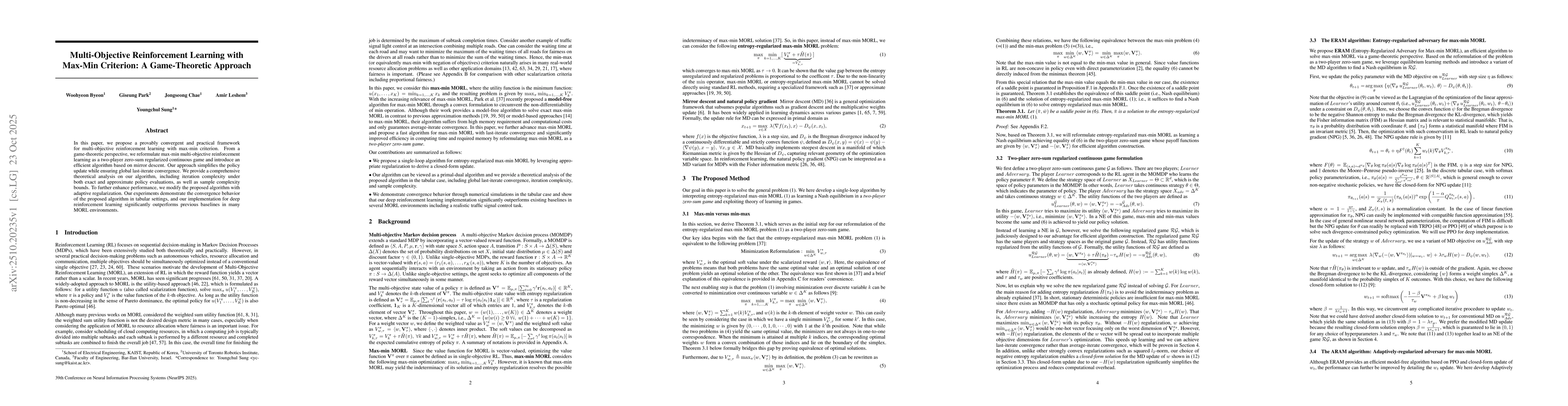 Thumbnail for Multi-Objective Reinforcement Learning with Max-Min Criterion: A
  Game-Theoretic Approach