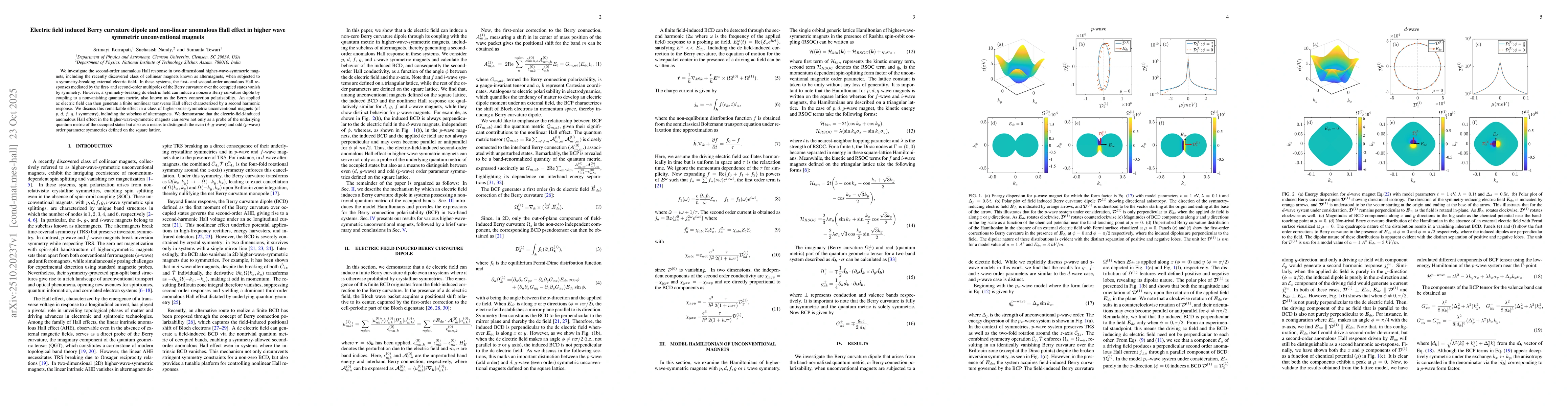Thumbnail for Electric field induced Berry curvature dipole and non-linear anomalous
  Hall effect in higher wave symmetric unconventional magnets