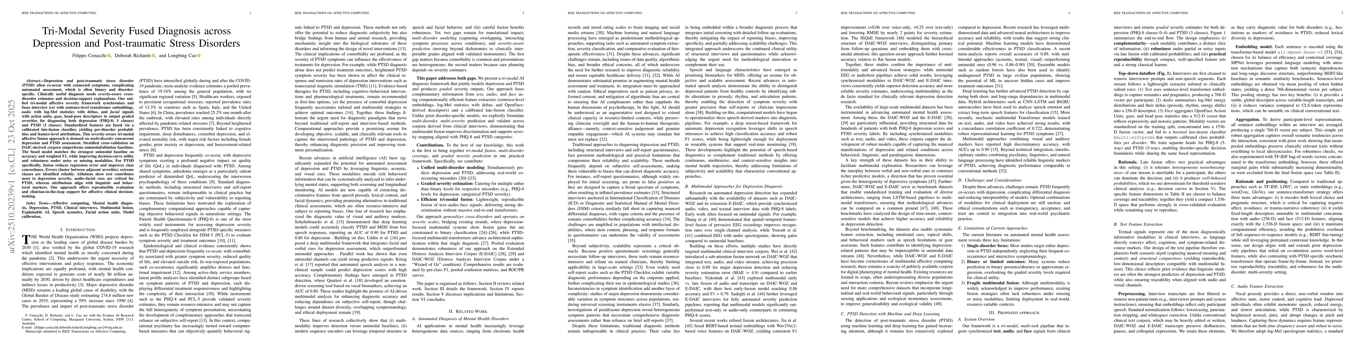 Thumbnail for Tri-Modal Severity Fused Diagnosis across Depression and Post-traumatic
  Stress Disorders