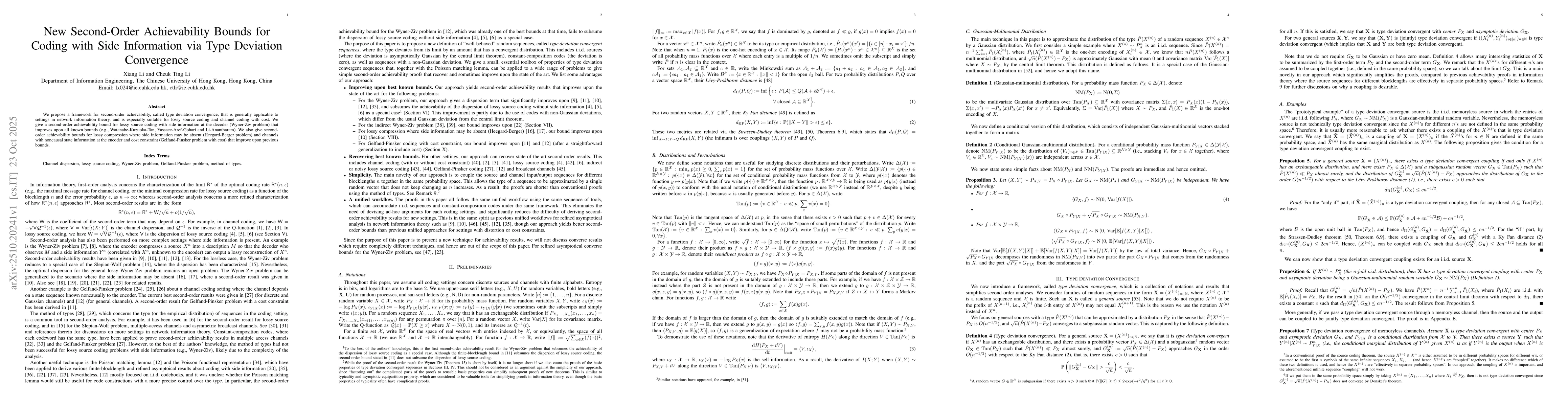 Thumbnail for New Second-Order Achievability Bounds for Coding with Side Information
  via Type Deviation Convergence