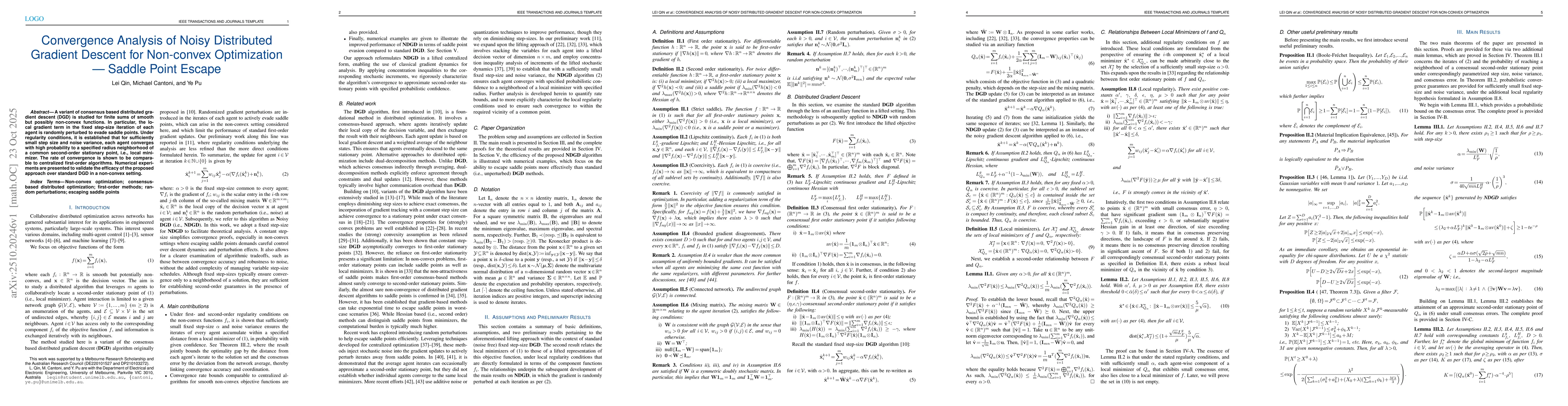 Thumbnail for Convergence Analysis of Noisy Distributed Gradient Descent for
  Non-convex Optimization -- Saddle Point Escape