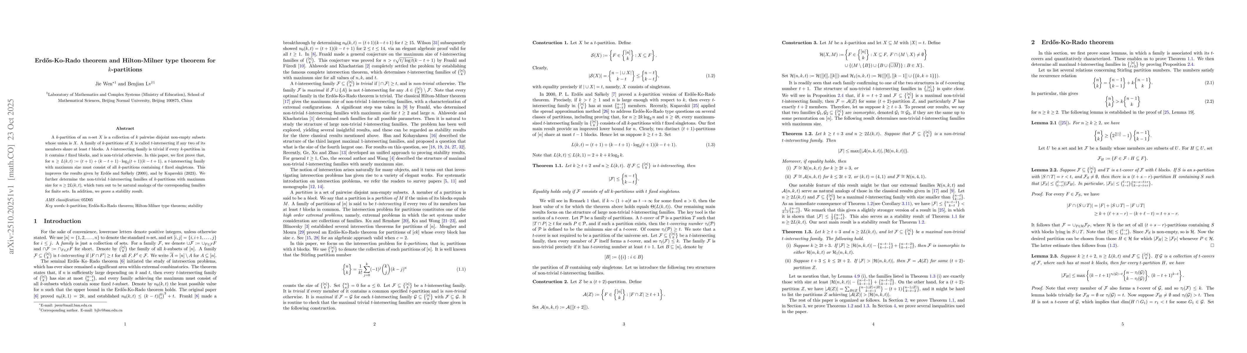 Thumbnail for Erdős-Ko-Rado theorem and Hilton-Milner type theorem for
  $k$-partitions