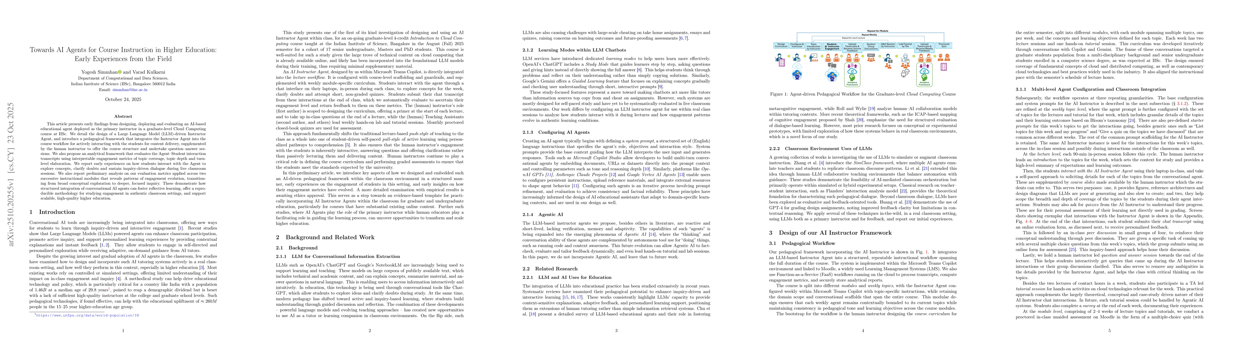 Thumbnail for Towards AI Agents for Course Instruction in Higher Education: Early
  Experiences from the Field