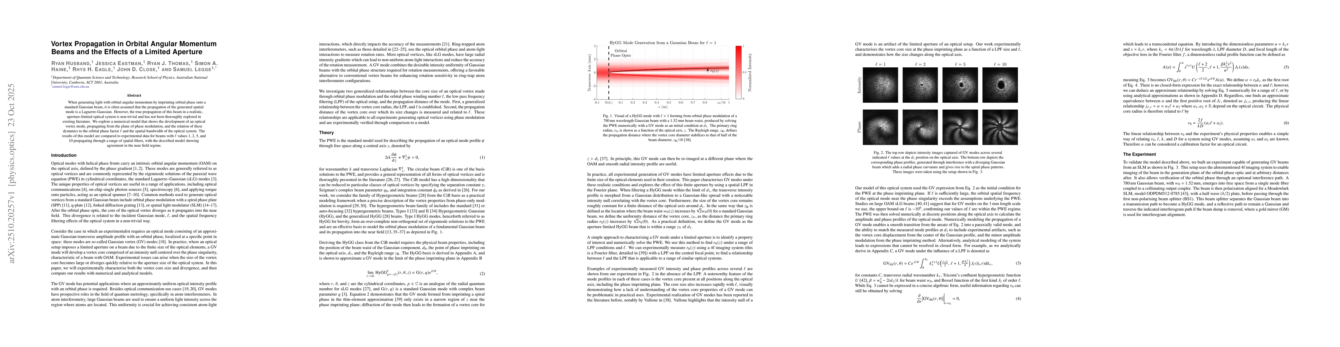 Thumbnail for Vortex Propagation in Orbital Angular Momentum Beams and the Effects of
  a Limited Aperture