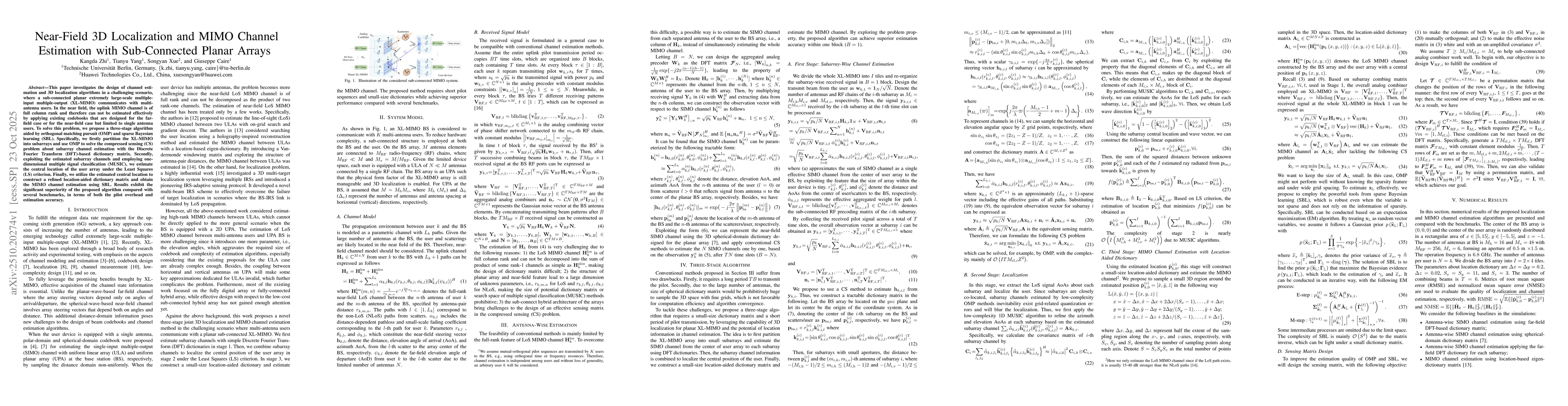 Thumbnail for Near-Field 3D Localization and MIMO Channel Estimation with
  Sub-Connected Planar Arrays