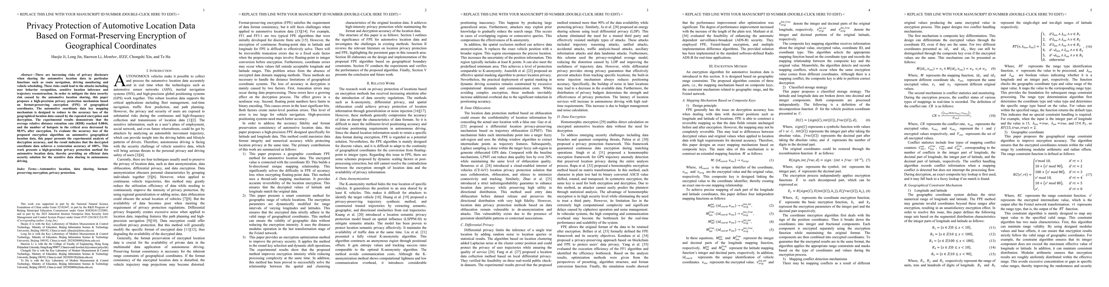 Thumbnail for Privacy Protection of Automotive Location Data Based on
  Format-Preserving Encryption of Geographical Coordinates