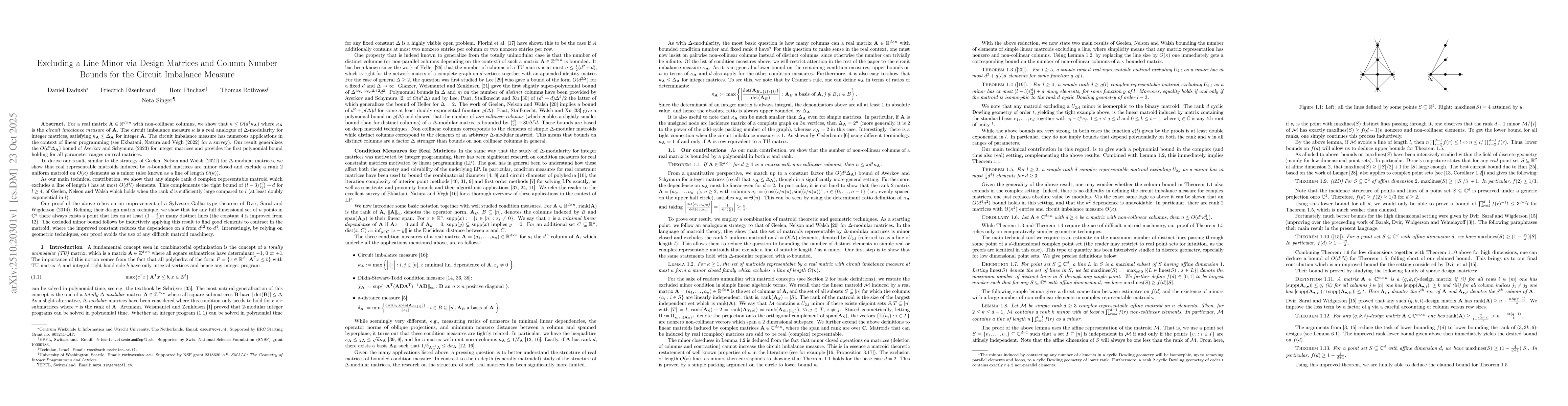 Thumbnail for Excluding a Line Minor via Design Matrices and Column Number Bounds for
  the Circuit Imbalance Measure