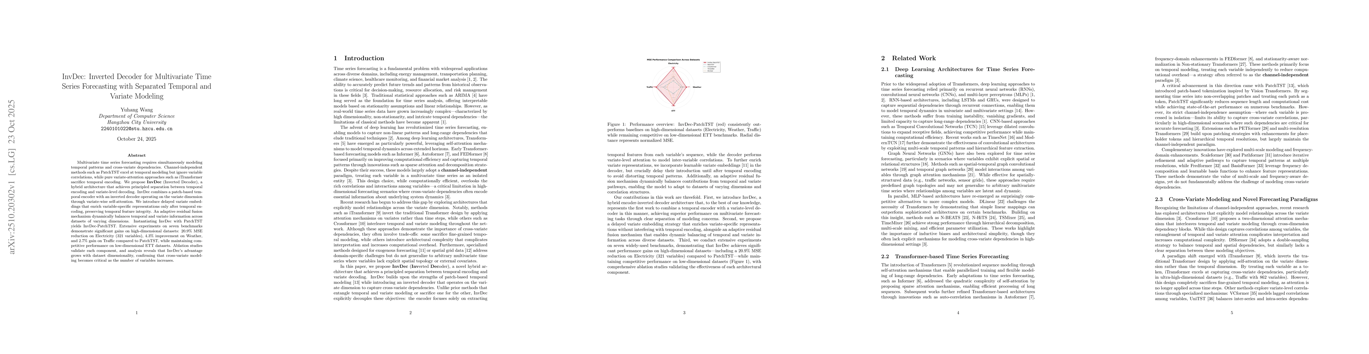Thumbnail for InvDec: Inverted Decoder for Multivariate Time Series Forecasting with
  Separated Temporal and Variate Modeling