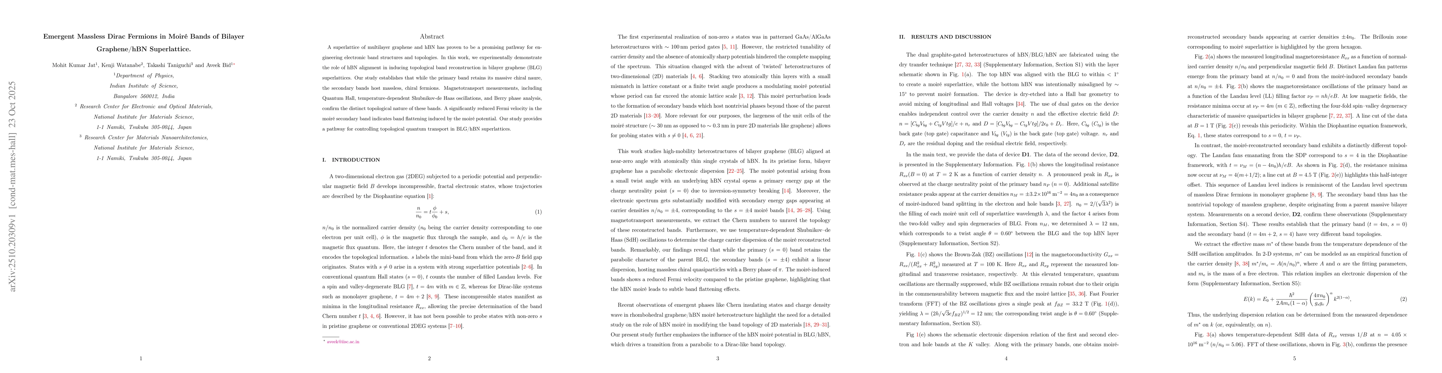 Thumbnail for Emergent Massless Dirac Fermions in Moiré Bands of Bilayer
  Graphene/hBN Superlattice