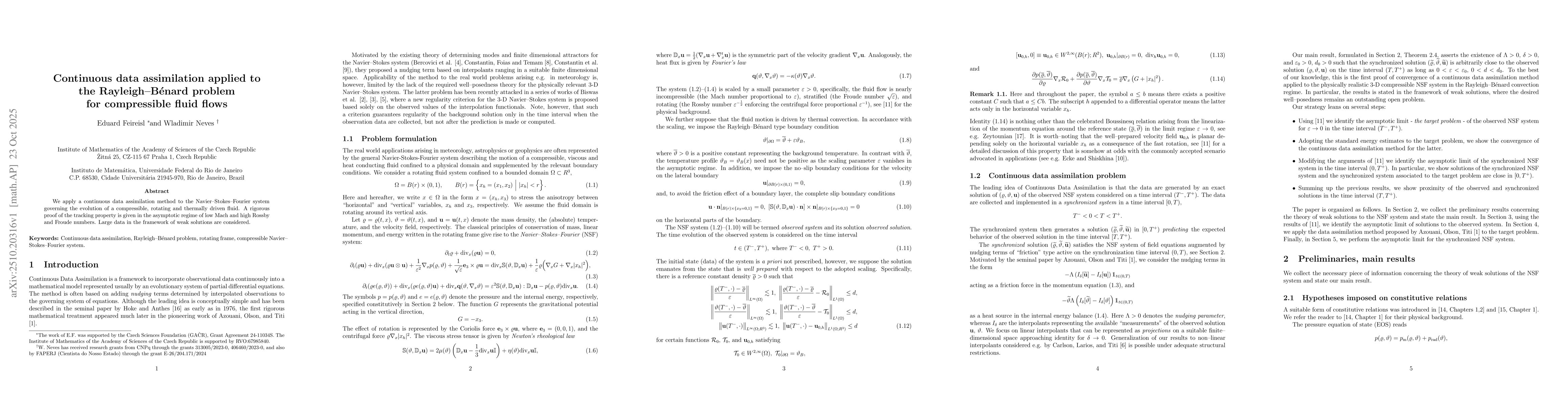Thumbnail for Continuous data assimilation applied to the Rayleigh-Benard problem for
  compressible fluid flows