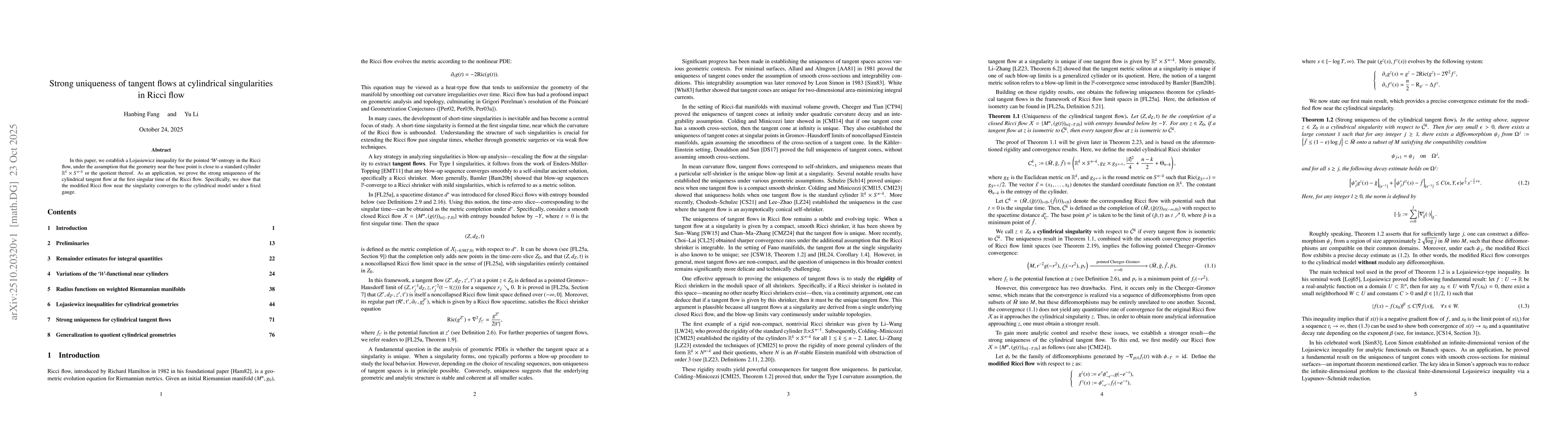 Thumbnail for Strong uniqueness of tangent flows at cylindrical singularities in Ricci
  flow