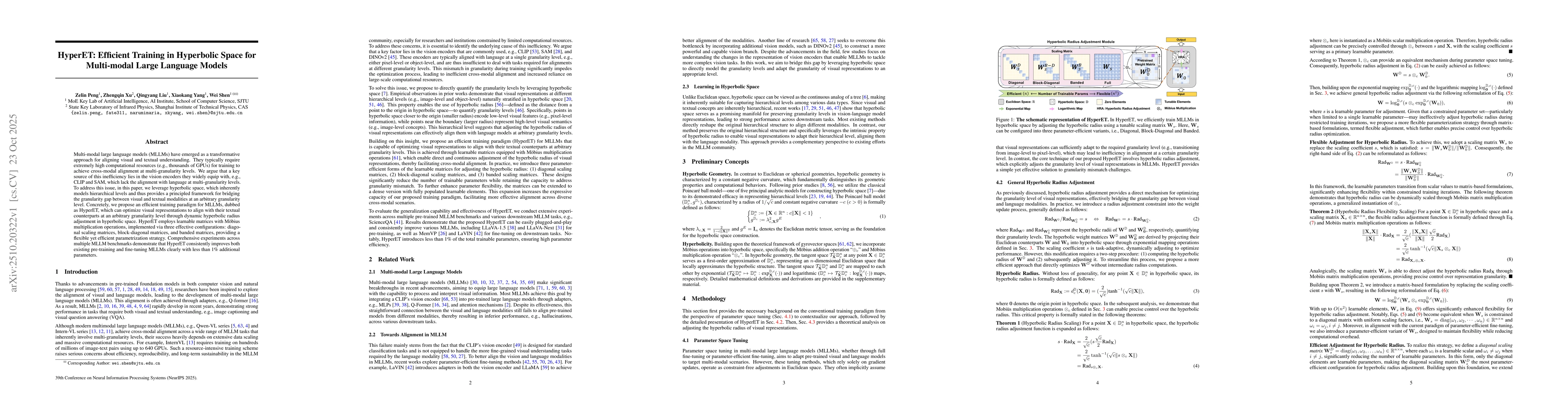 Thumbnail for HyperET: Efficient Training in Hyperbolic Space for Multi-modal Large
  Language Models