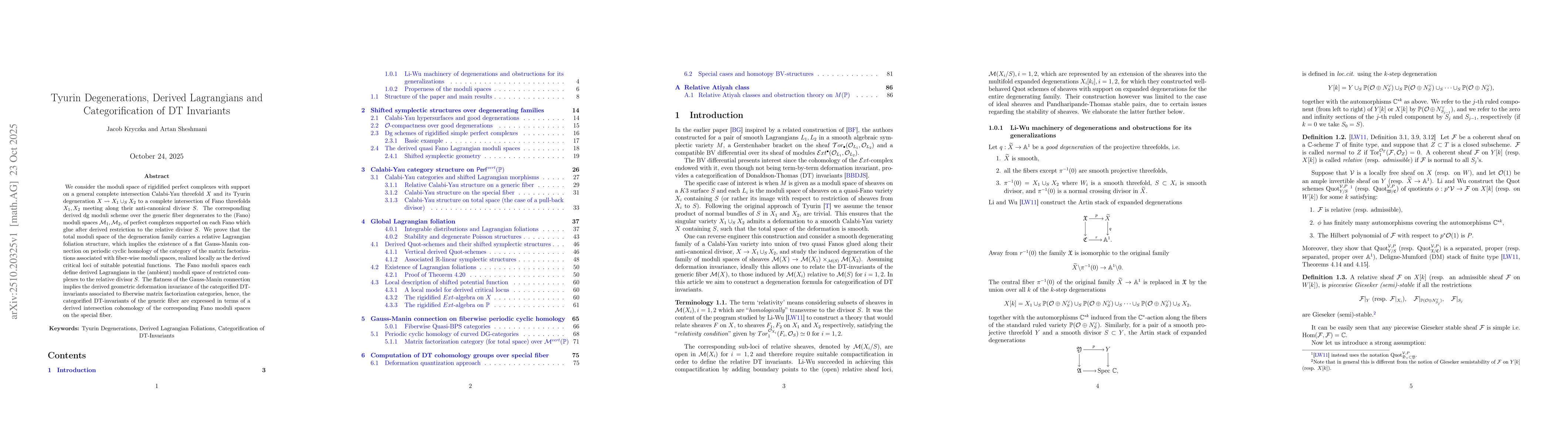 Thumbnail for Tyurin Degenerations, Derived Lagrangians and Categorification of DT
  Invariants