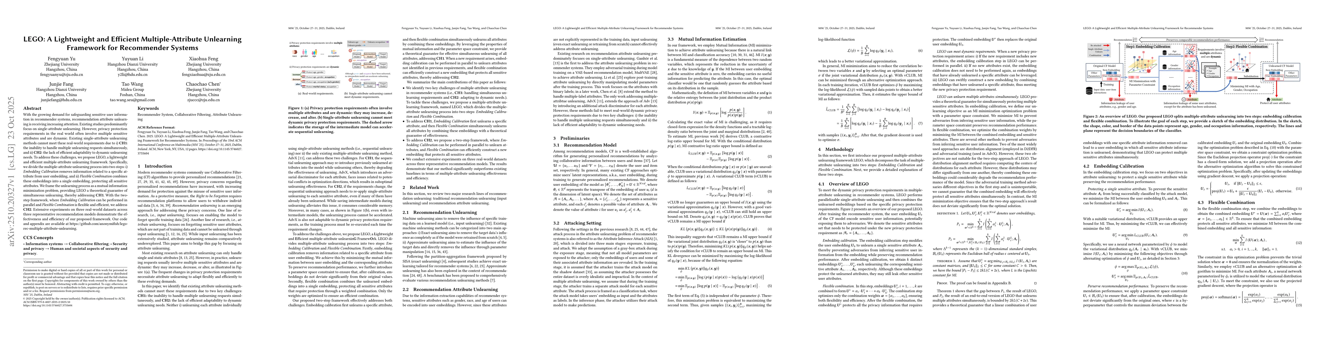 Thumbnail for LEGO: A Lightweight and Efficient Multiple-Attribute Unlearning
  Framework for Recommender Systems