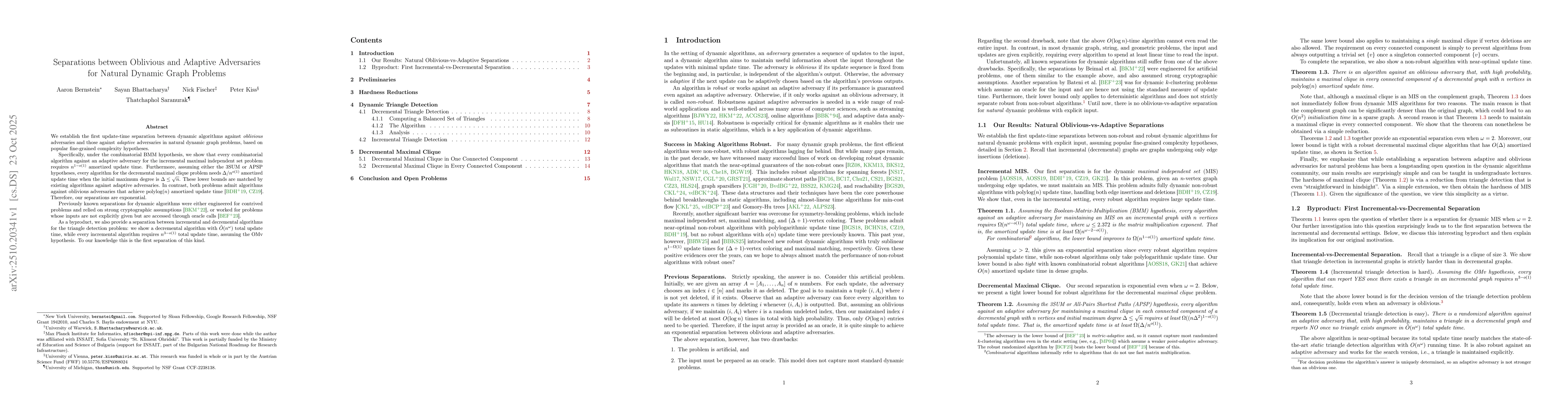 Thumbnail for Separations between Oblivious and Adaptive Adversaries for Natural
  Dynamic Graph Problems