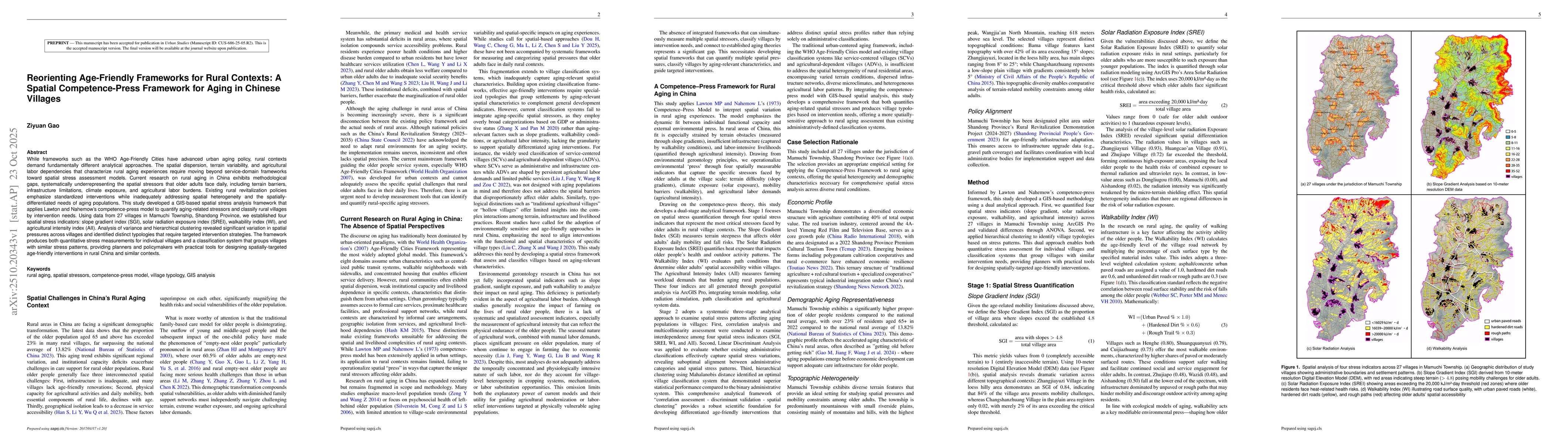 Thumbnail for Reorienting Age-Friendly Frameworks for Rural Contexts: A Spatial
  Competence-Press Framework for Aging in Chinese Villages