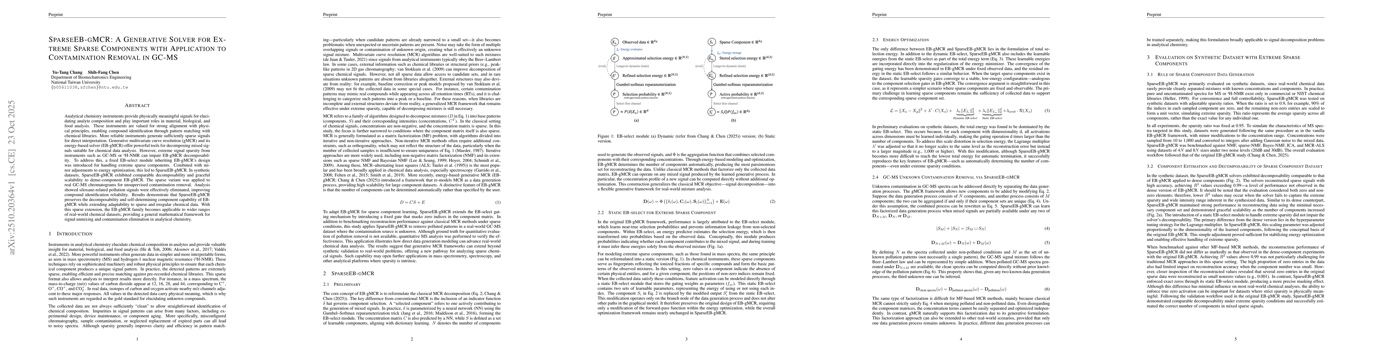 Thumbnail for SparseEB-gMCR: A Generative Solver for Extreme Sparse Components with
  Application to Contamination Removal in GC-MS