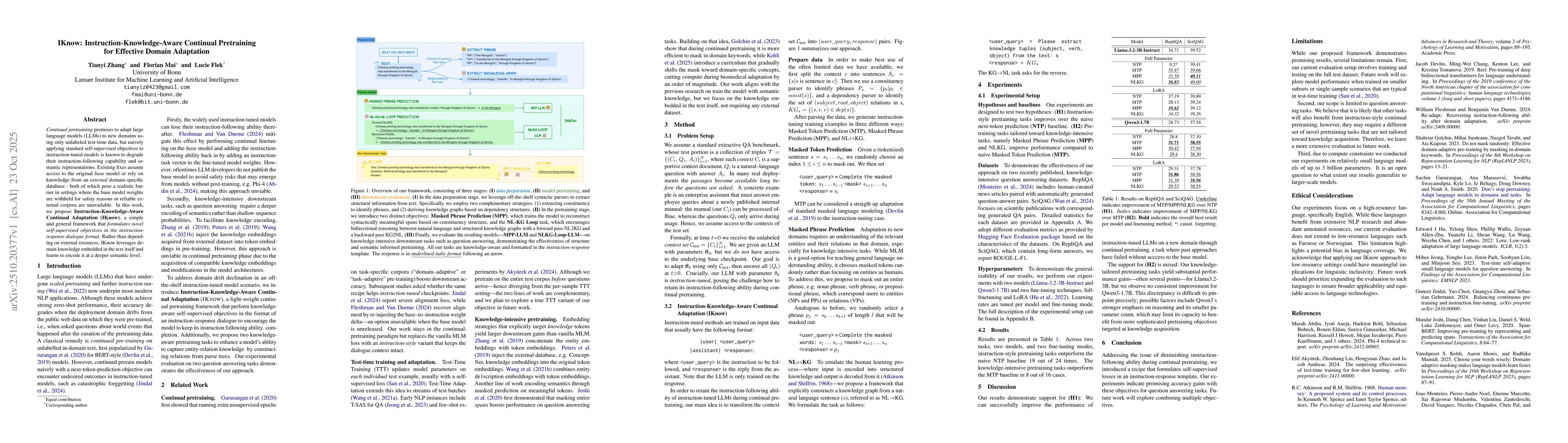 Thumbnail for IKnow: Instruction-Knowledge-Aware Continual Pretraining for Effective
  Domain Adaptation
