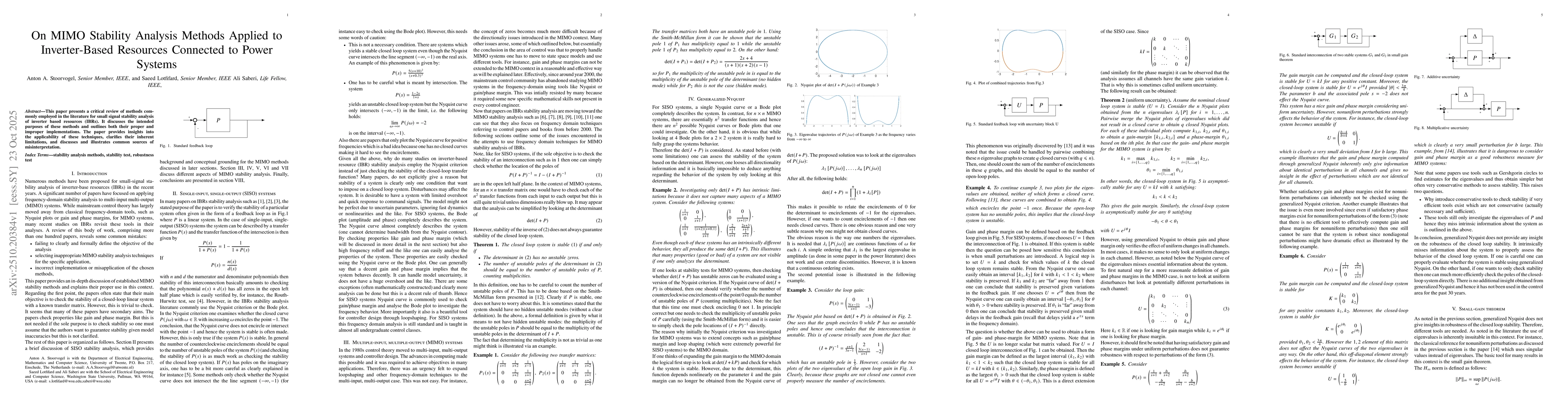 Thumbnail for On MIMO Stability Analysis Methods Applied to Inverter-Based Resources
  Connected to Power Systems