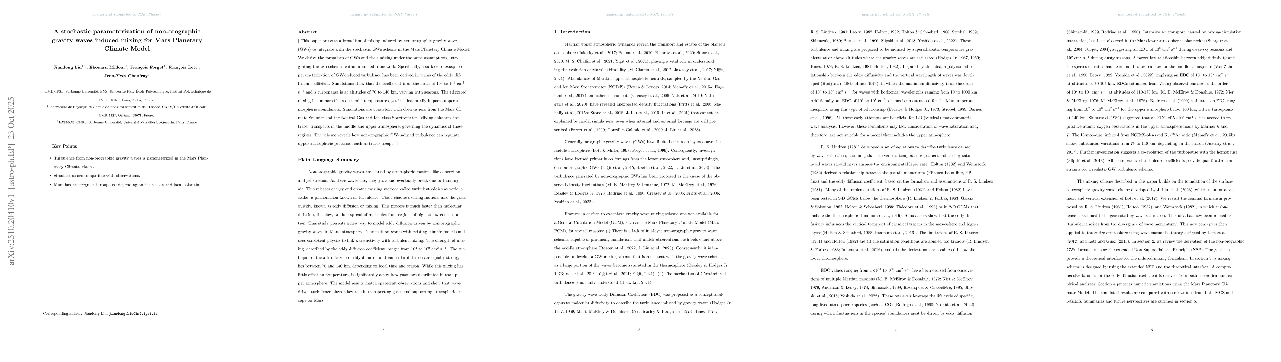 Thumbnail for A Stochastic Parameterization of Non-Orographic Gravity Waves Induced
  Mixing for Mars Planetary Climate Model