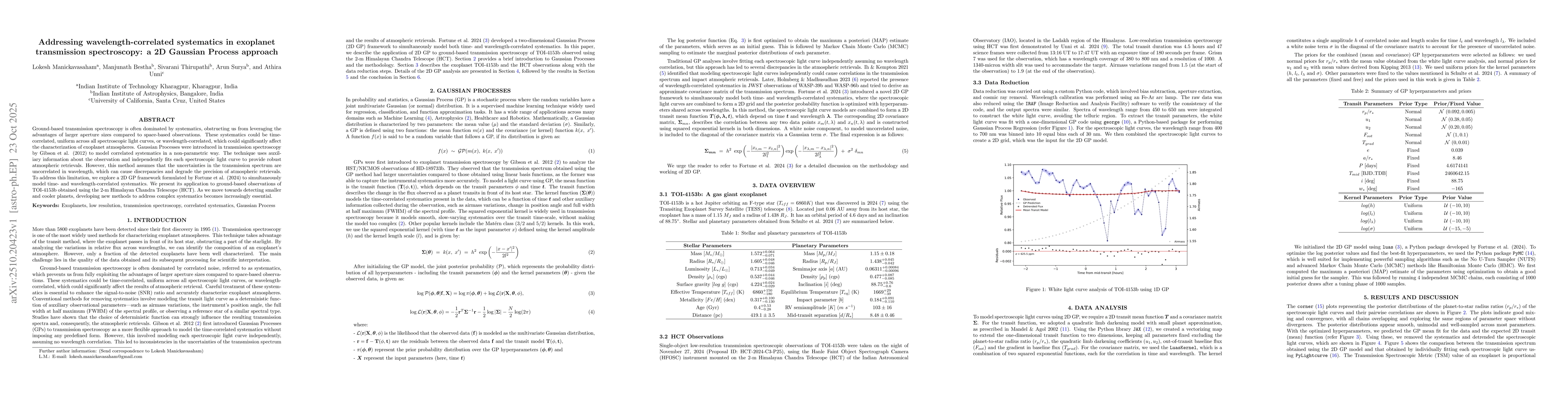 Thumbnail for Addressing wavelength-correlated systematics in exoplanet transmission
  spectroscopy: a 2D Gaussian Process approach