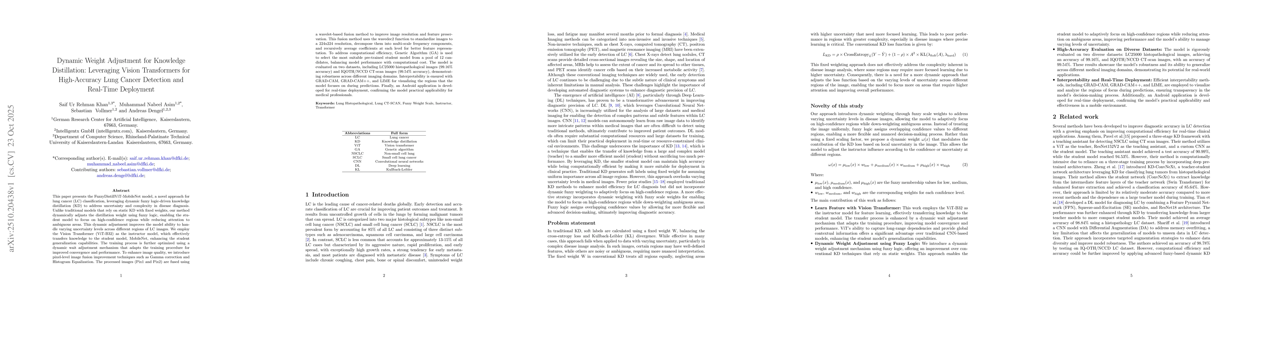 Thumbnail for Dynamic Weight Adjustment for Knowledge Distillation: Leveraging Vision
  Transformer for High-Accuracy Lung Cancer Detection and Real-Time Deployment