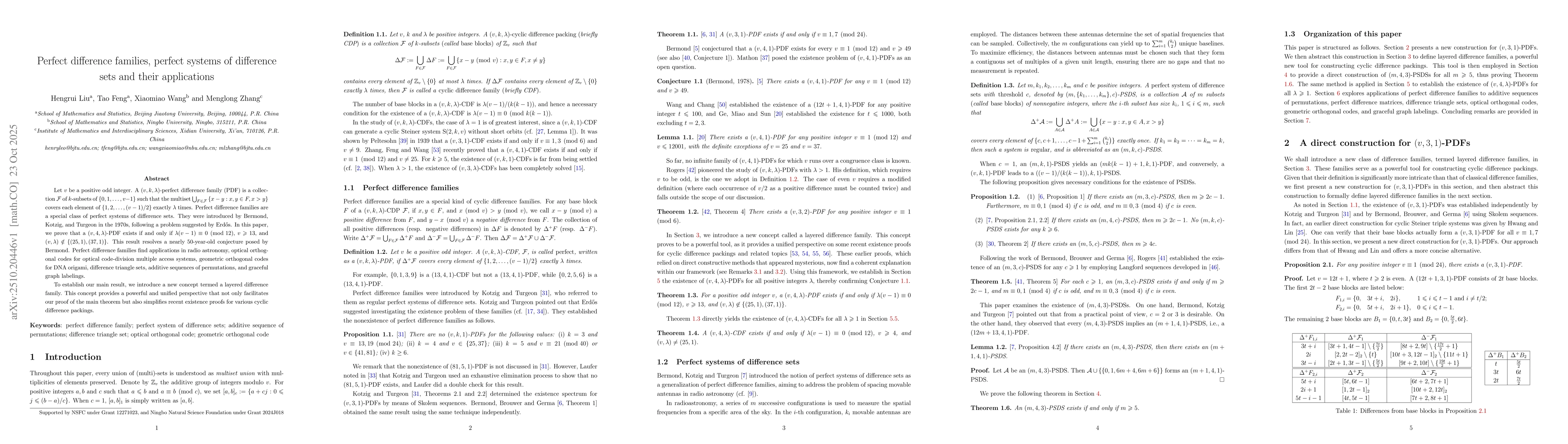 Thumbnail for Perfect difference families, perfect systems of difference sets and
  their applications