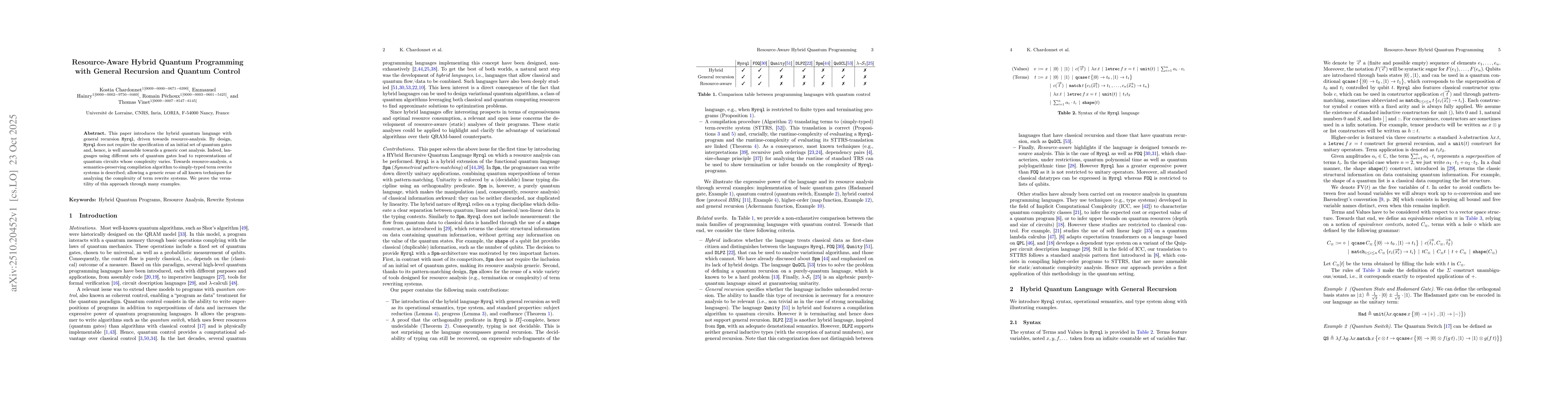 Thumbnail for Resource-Aware Hybrid Quantum Programming with General Recursion and
  Quantum Control