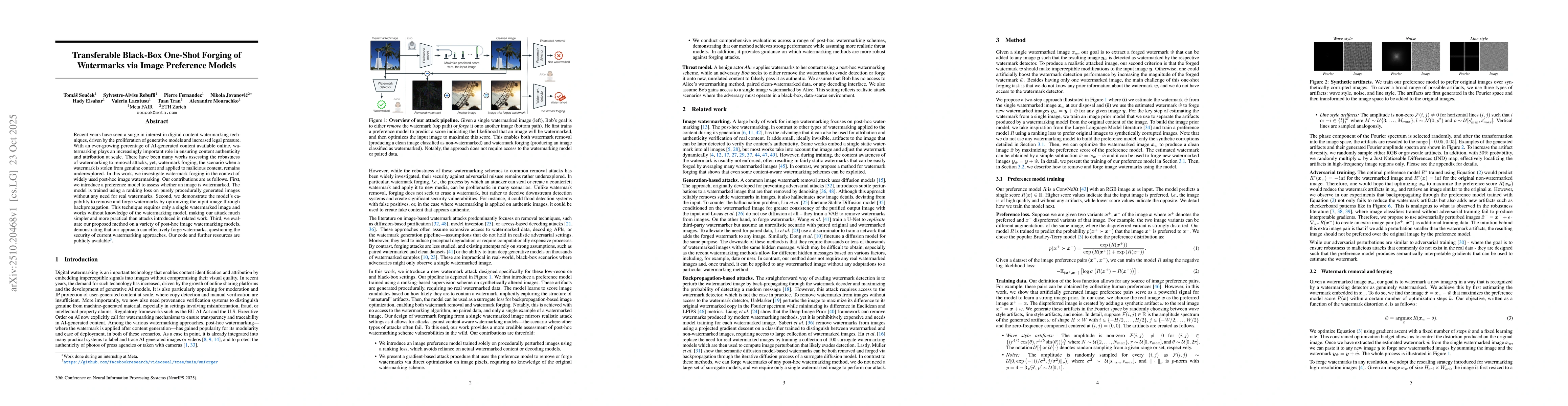 Thumbnail for Transferable Black-Box One-Shot Forging of Watermarks via Image
  Preference Models