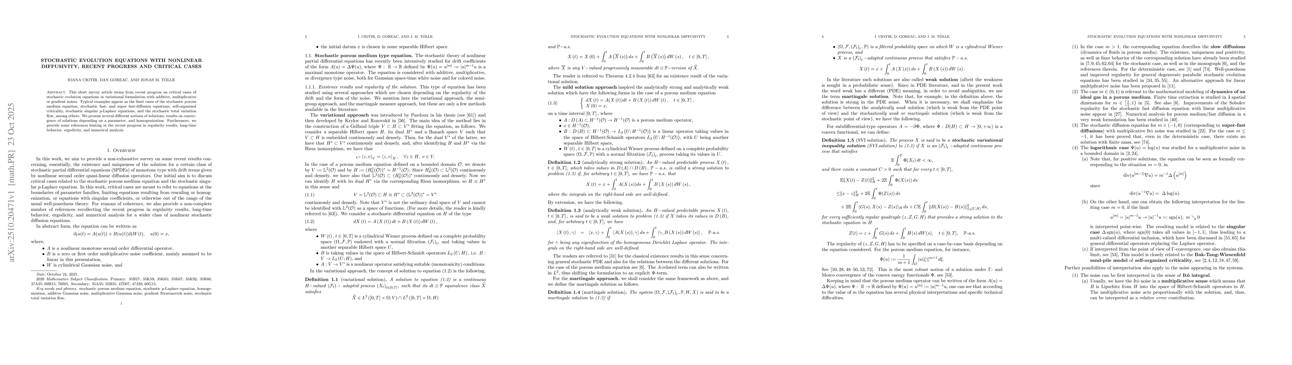Thumbnail for Stochastic evolution equations with nonlinear diffusivity, recent
  progress and critical cases