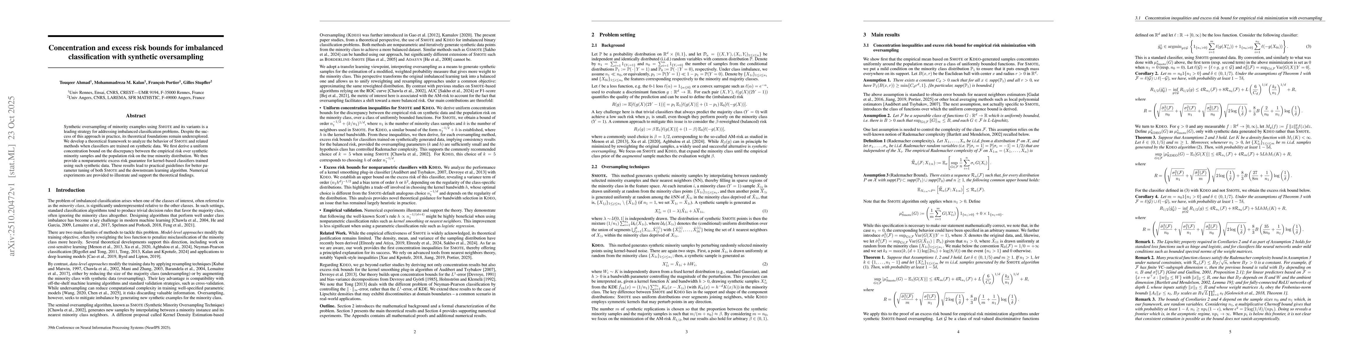 Thumbnail for Concentration and excess risk bounds for imbalanced classification with
  synthetic oversampling