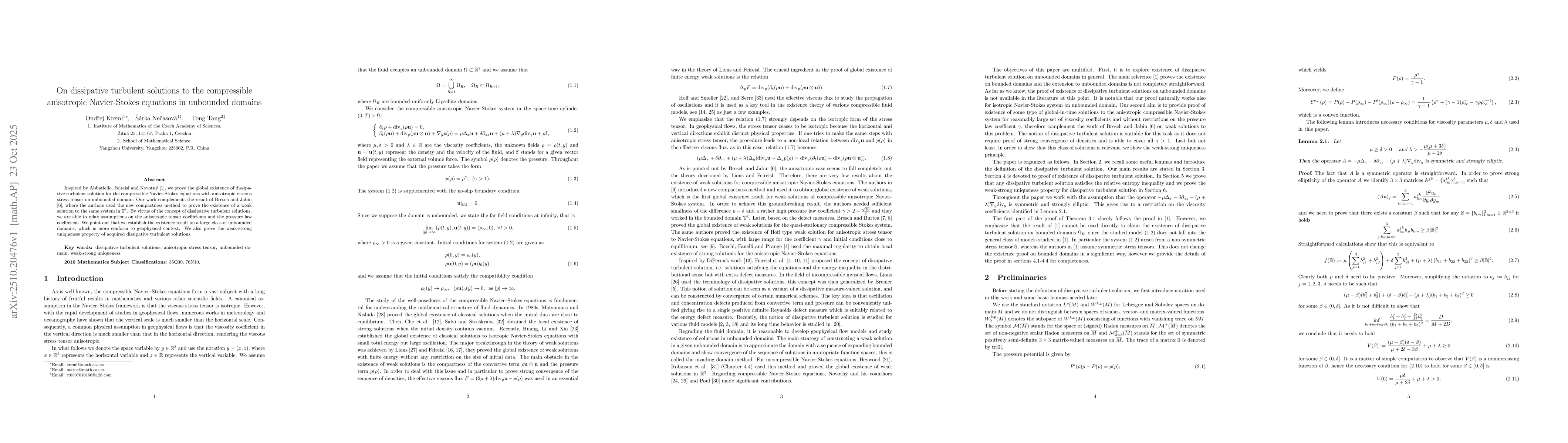 Thumbnail for On dissipative turbulent solutions to the compressible anisotropic
  Navier-Stokes equations in unbounded domains