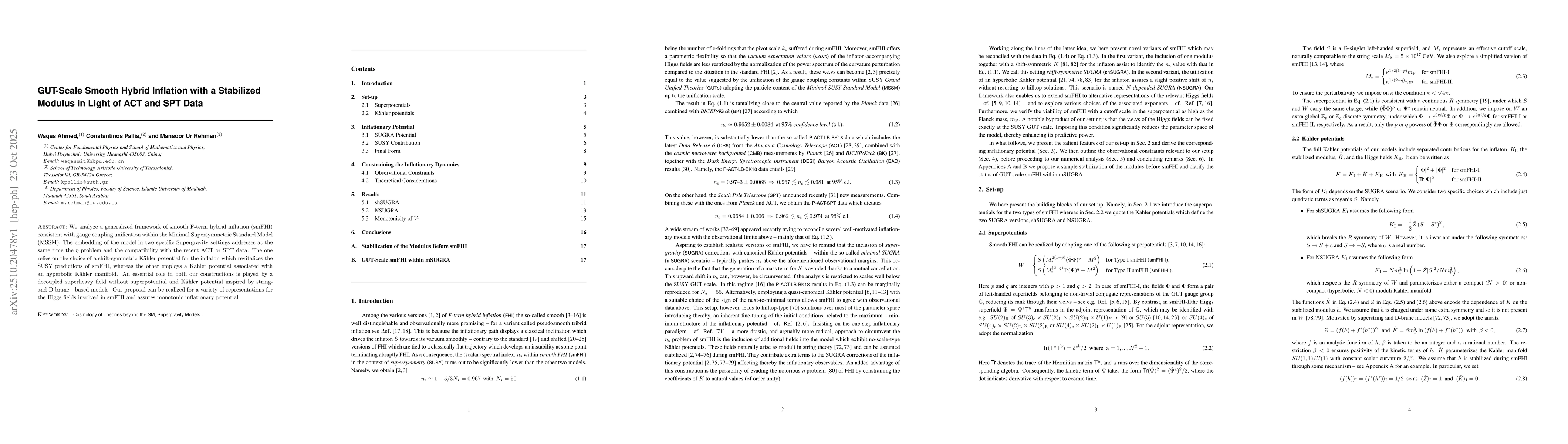 Thumbnail for GUT-Scale Smooth Hybrid Inflation with a Stabilized Modulus in Light of
  ACT and SPT Data