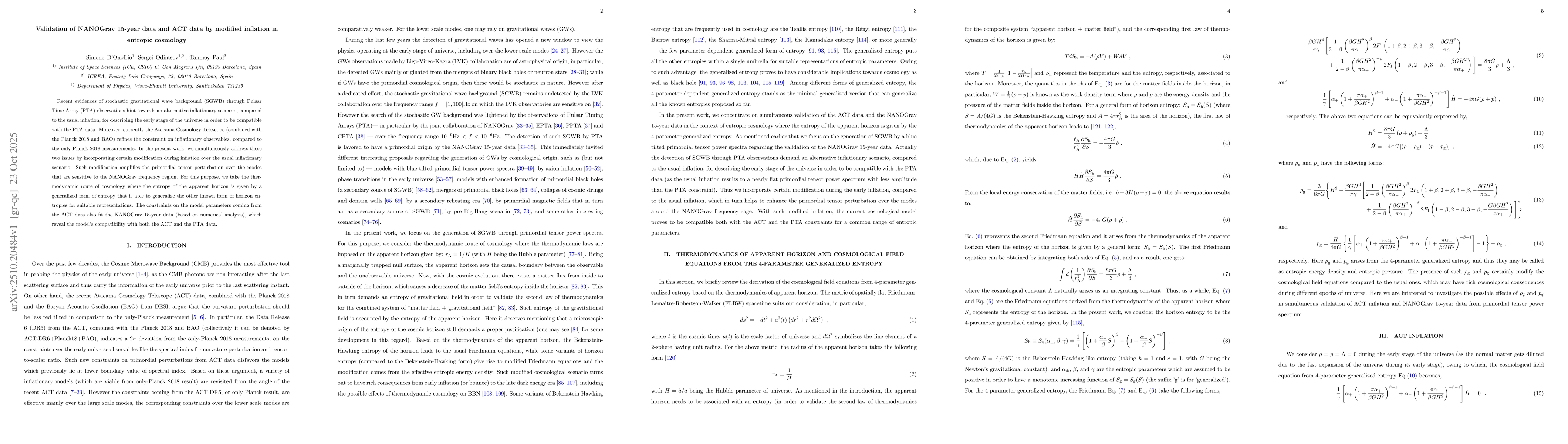 Thumbnail for Validation of NANOGrav 15-year data and ACT data by modified inflation
  in entropic cosmology