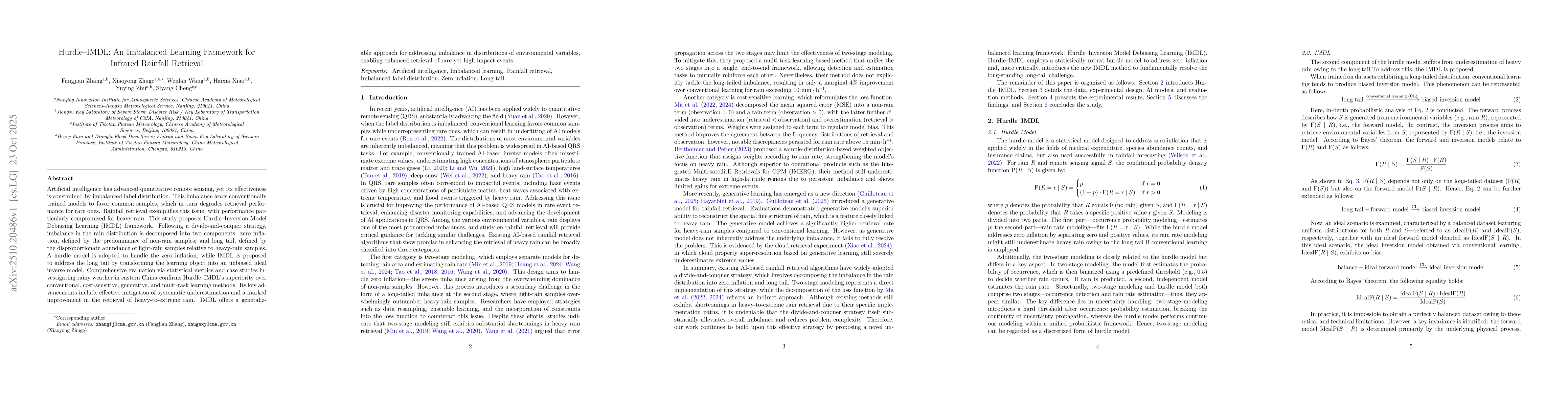 Thumbnail for Hurdle-IMDL: An Imbalanced Learning Framework for Infrared Rainfall
  Retrieval