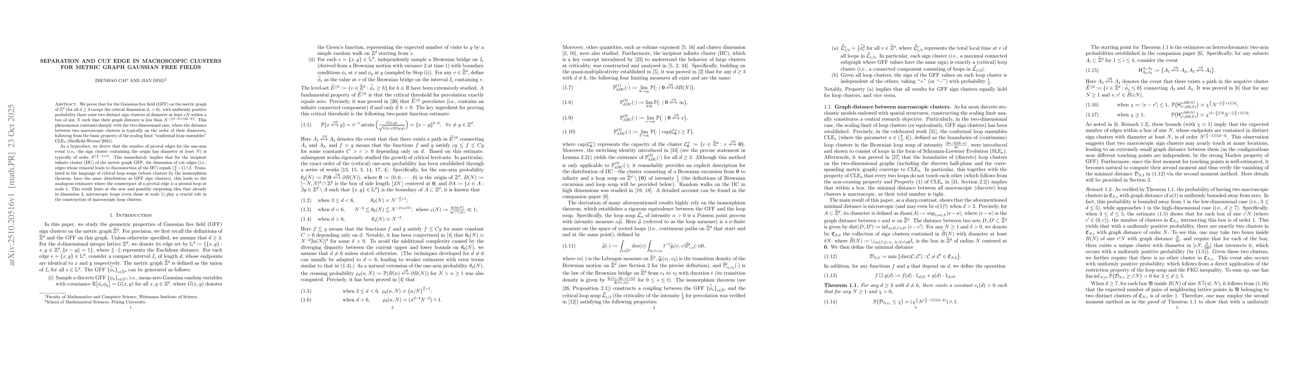 Thumbnail for Separation and cut edge in macroscopic clusters for metric graph
  Gaussian free fields