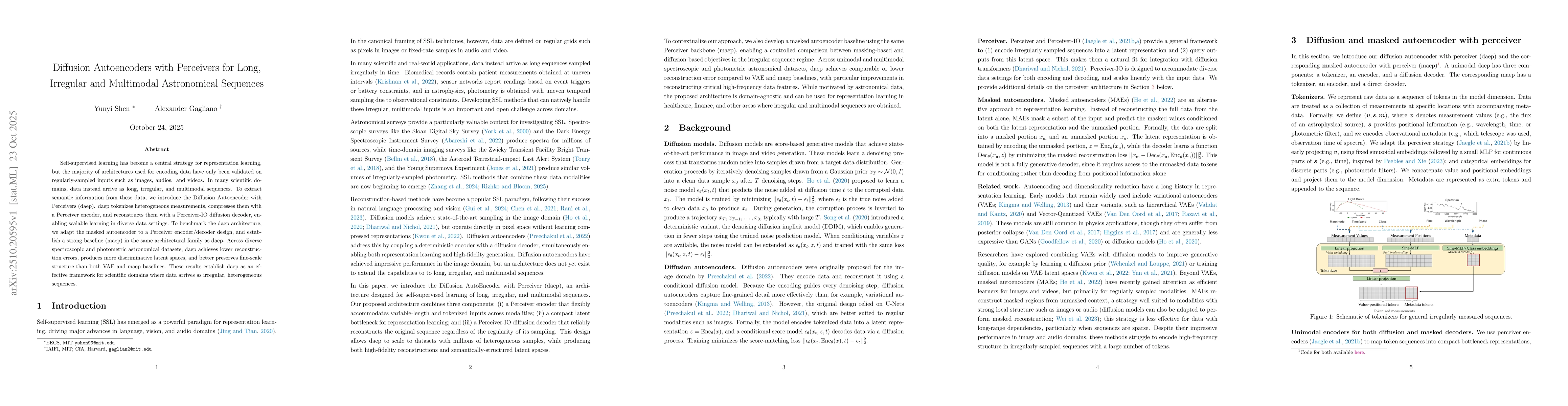 Thumbnail for Diffusion Autoencoders with Perceivers for Long, Irregular and
  Multimodal Astronomical Sequences