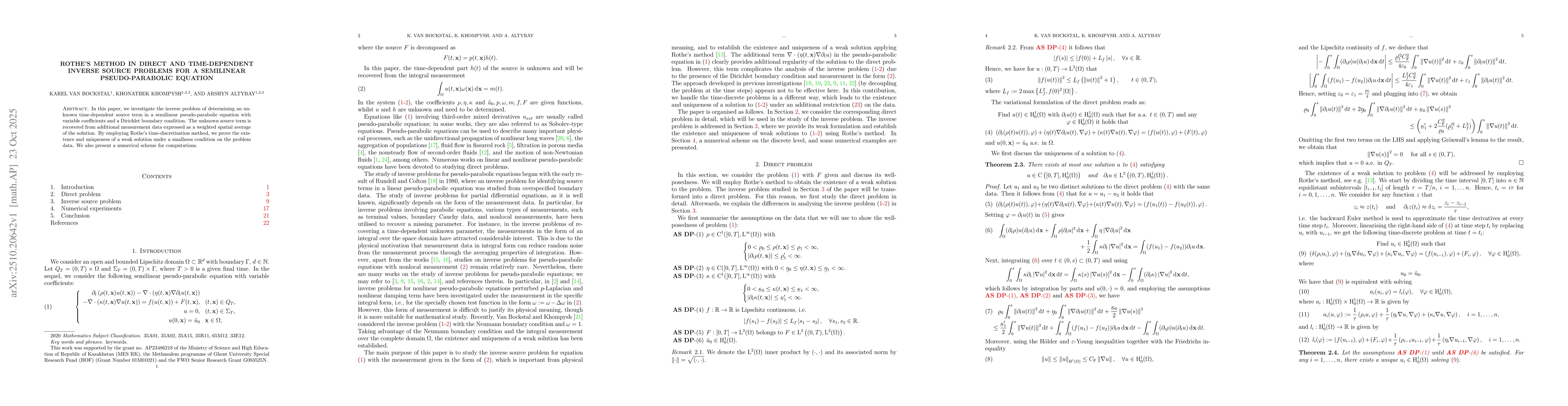 Thumbnail for Rothe's method in direct and time-dependent inverse source problems for
  a semilinear pseudo-parabolic equation