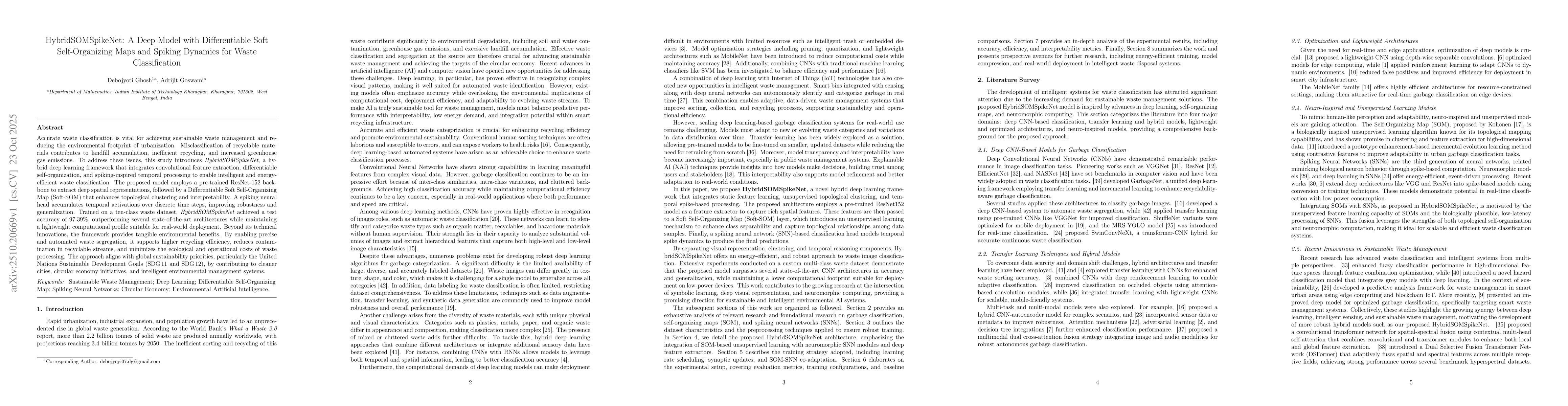 Thumbnail for HybridSOMSpikeNet: A Deep Model with Differentiable Soft Self-Organizing
  Maps and Spiking Dynamics for Waste Classification