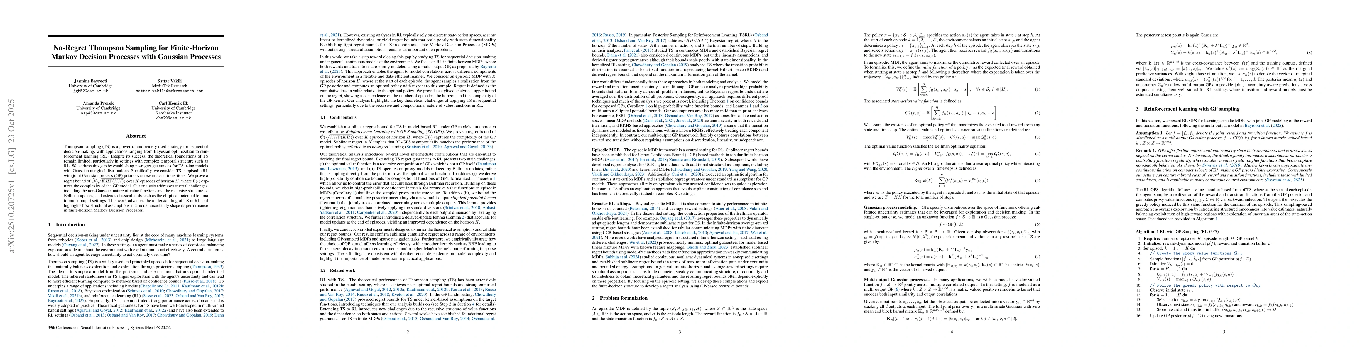 Thumbnail for No-Regret Thompson Sampling for Finite-Horizon Markov Decision Processes
  with Gaussian Processes
