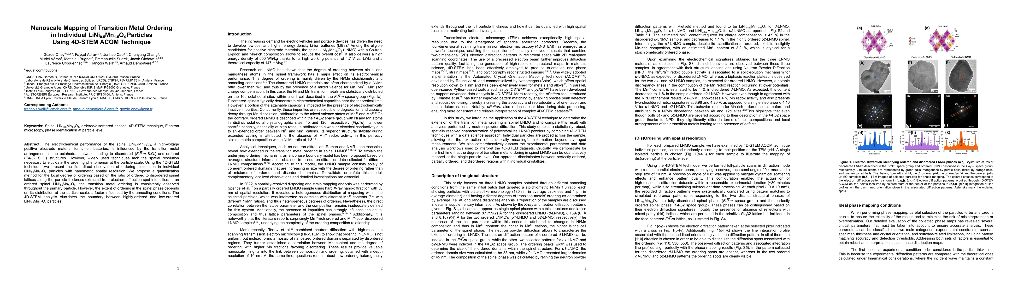 Thumbnail for Nanoscale Mapping of Transition Metal Ordering in Individual
  LiNi0.5Mn1.5O4 Particles Using 4D-STEM ACOM Technique