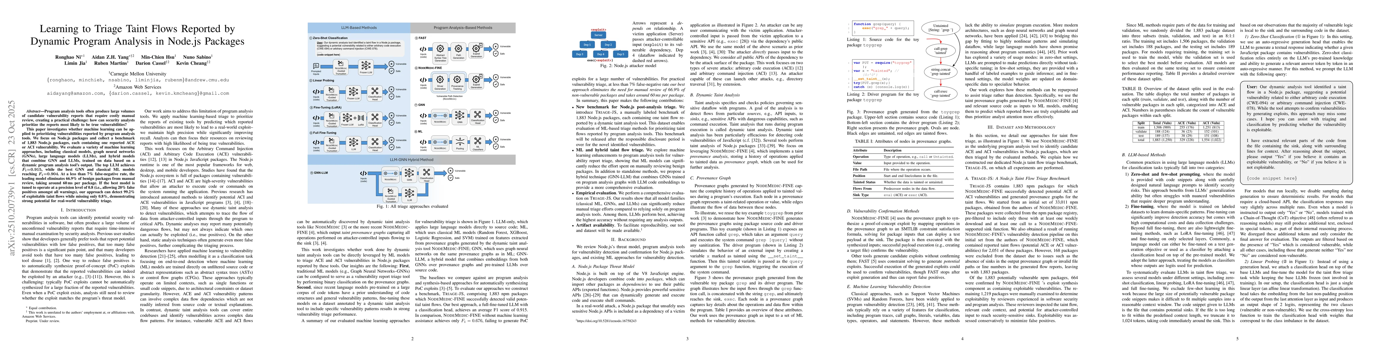 Thumbnail for Learning to Triage Taint Flows Reported by Dynamic Program Analysis in
  Node.js Packages